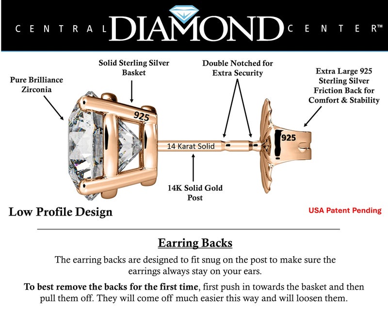 Central Diamond Center 14K Solid Gold Post & Sterling Silver 4 Prong CZ Stud Earrings - Rose Gold Plated - 8.50mm - 5.00cttw - Image 2